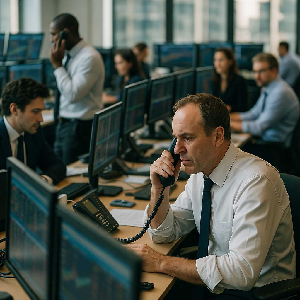 A busy trading desk bustling with activity