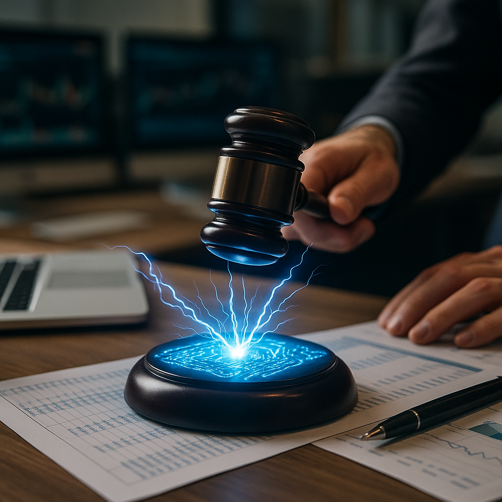 a courtroom gavel striking sparks of electric blue energy over a digital ledger