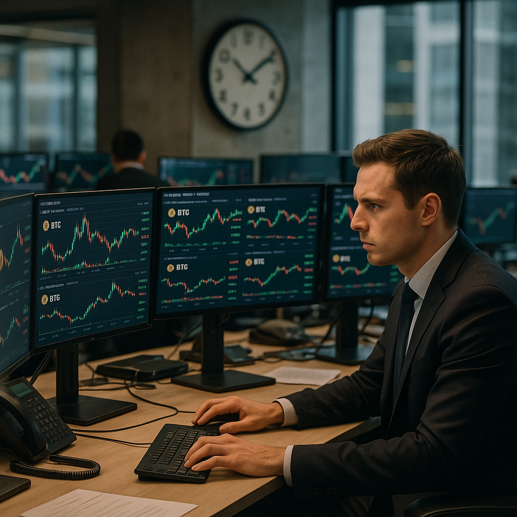 a bustling financial trading desk filled with monitors displaying fluctuating cryptocurrency prices, with a large digital clock ticking in t