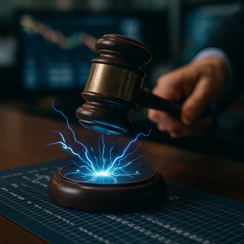 A courtroom gavel striking sparks of electric blue energy over a digital ledger.