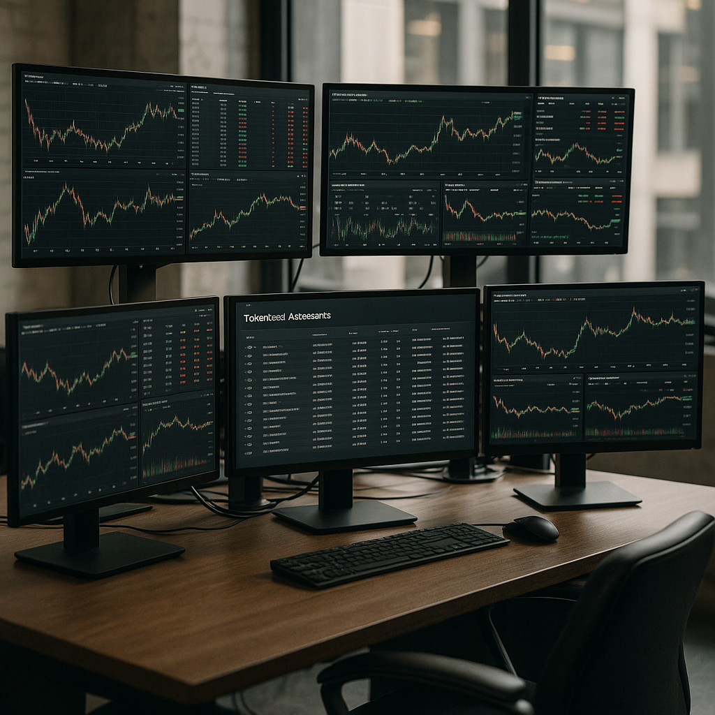 A trading desk filled with monitors showing stock and crypto prices, along with a digital ledger showcasing tokenized assets.