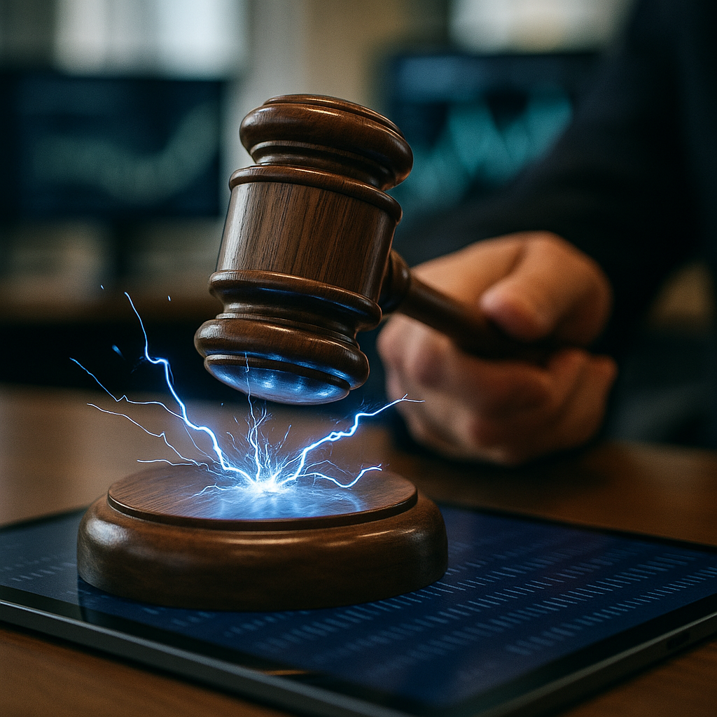 A courtroom gavel striking sparks of electric blue energy over a digital ledger.