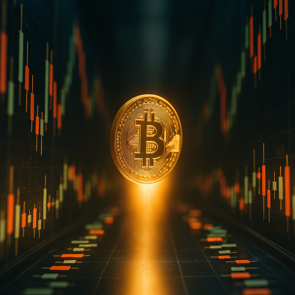 A glowing golden bitcoin rocketing through a neon-lit canyon of price candles