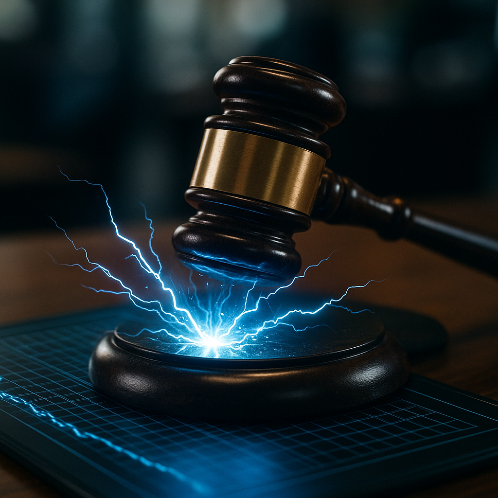 A courtroom gavel striking sparks of electric blue energy over a digital ledger