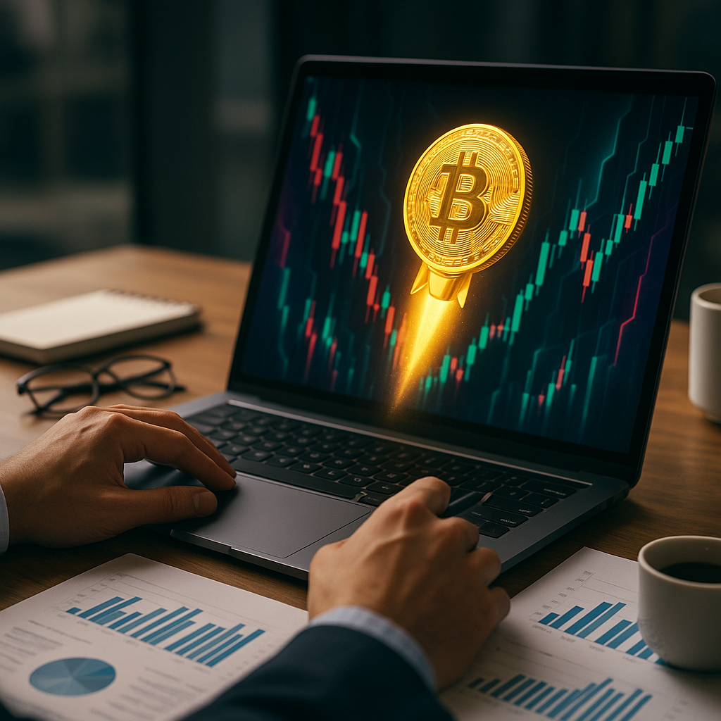 A glowing golden bitcoin rocketing through a neon-lit canyon of price candles
