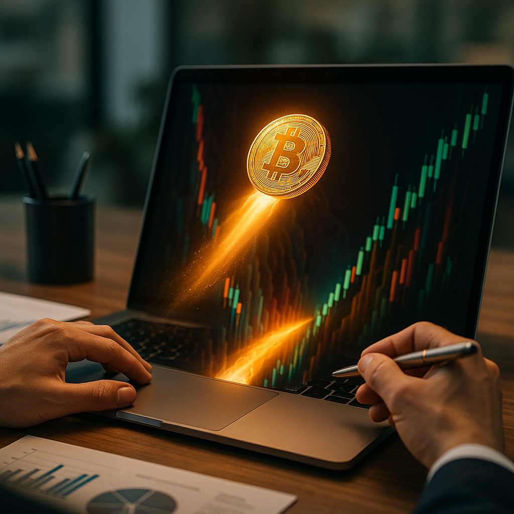 A glowing golden bitcoin rocketing through a neon-lit canyon of price candles