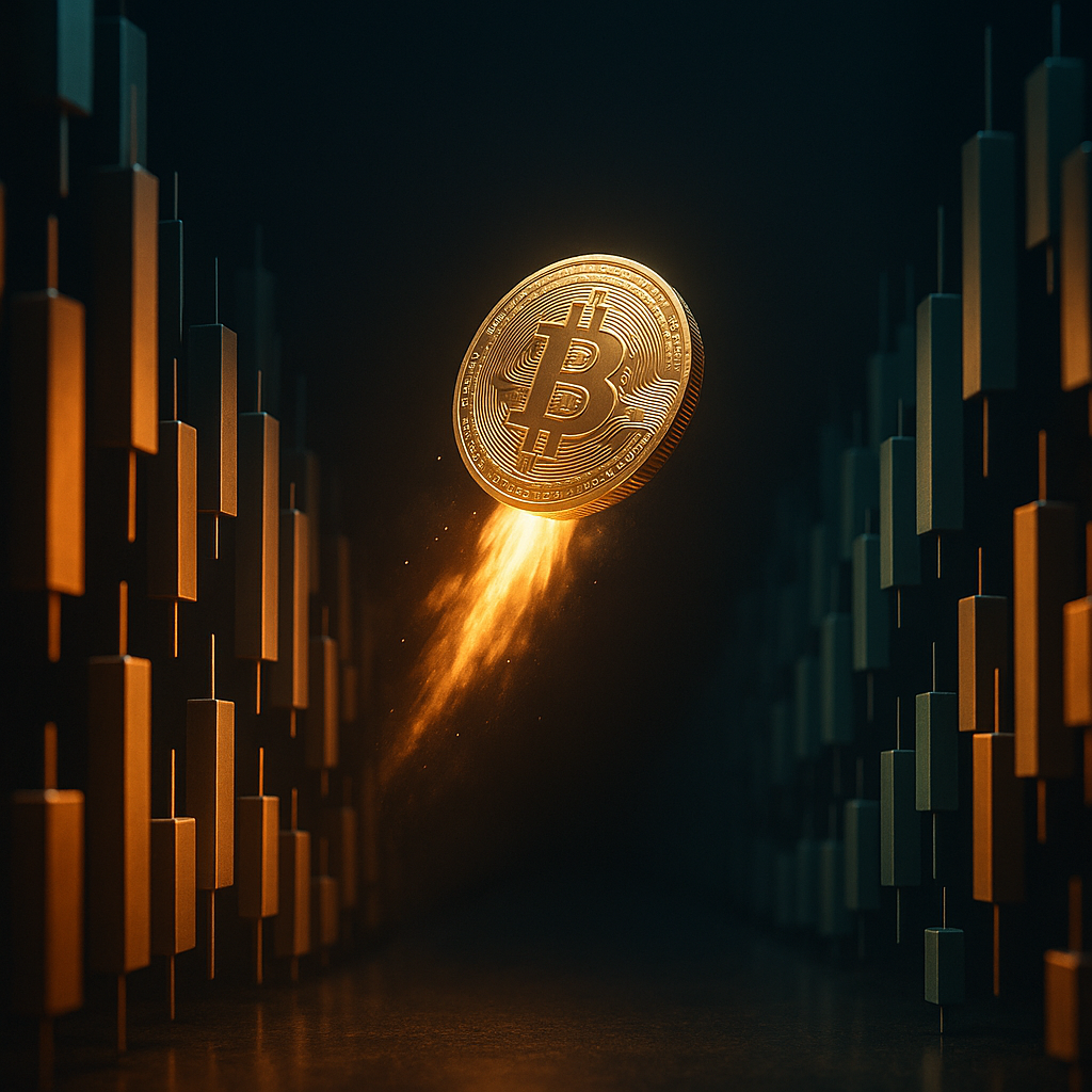 a glowing golden bitcoin rocketing through a neon-lit canyon of price candles