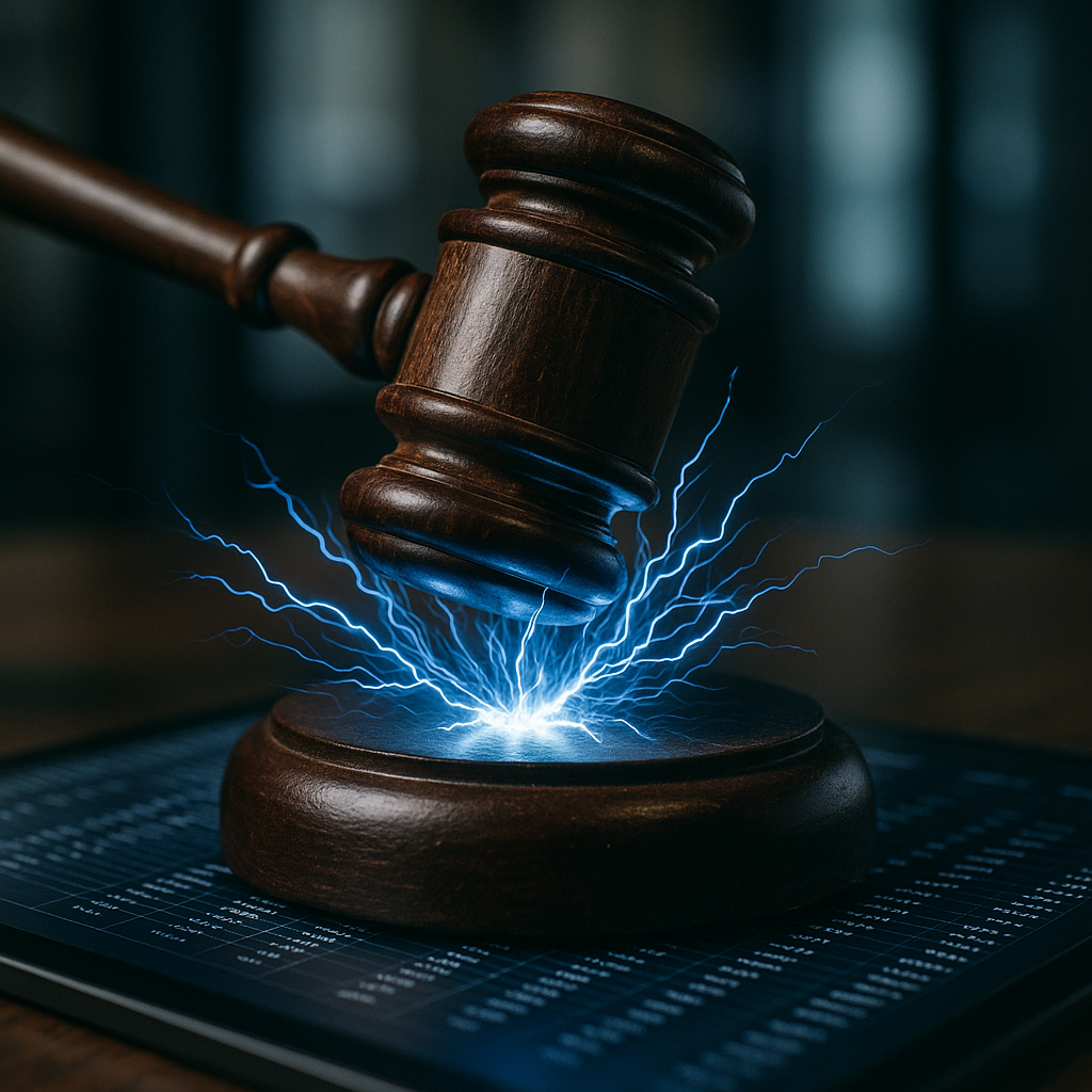 a courtroom gavel striking sparks of electric blue energy over a digital ledger