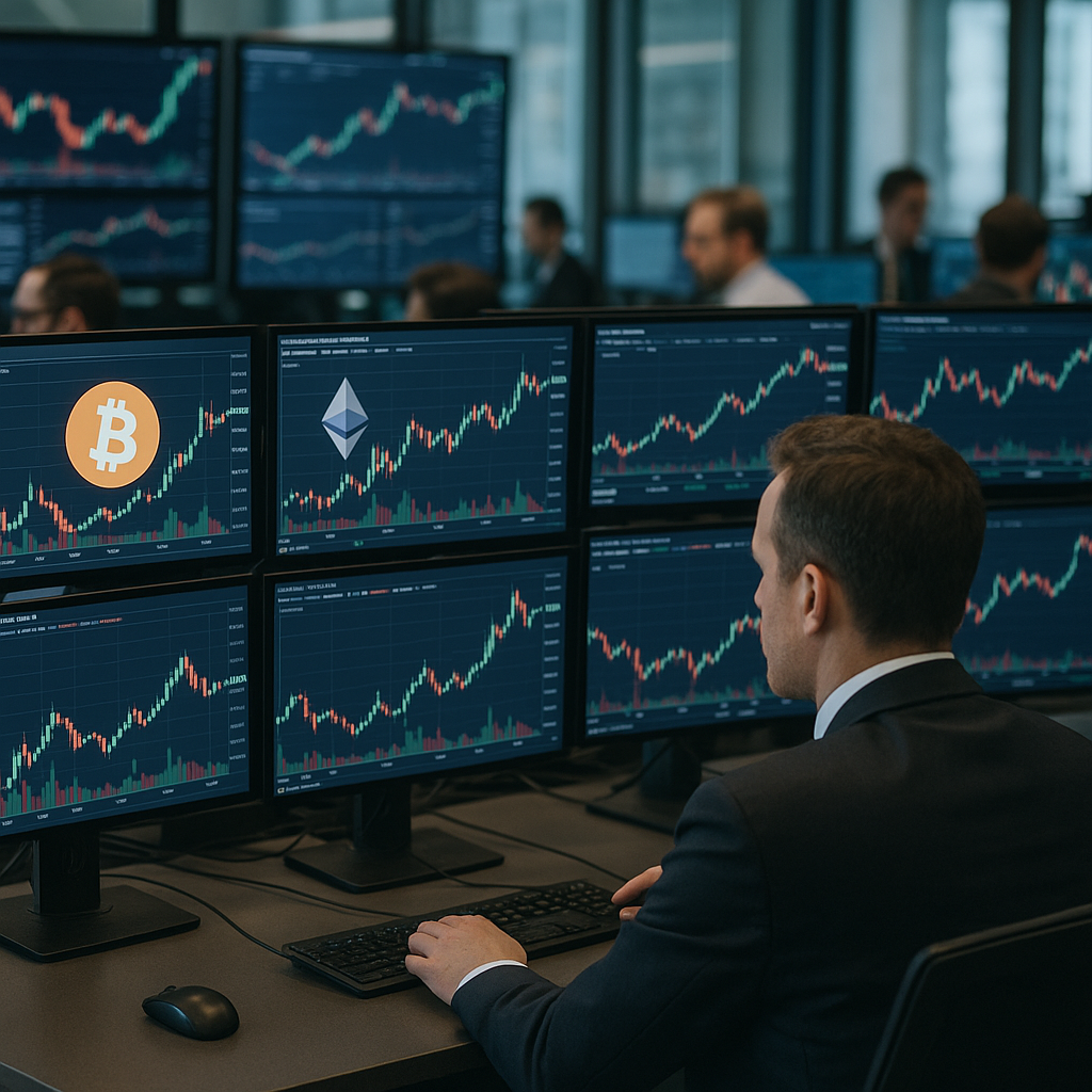 a bustling trading desk filled with screens displaying cryptocurrency prices and charts
