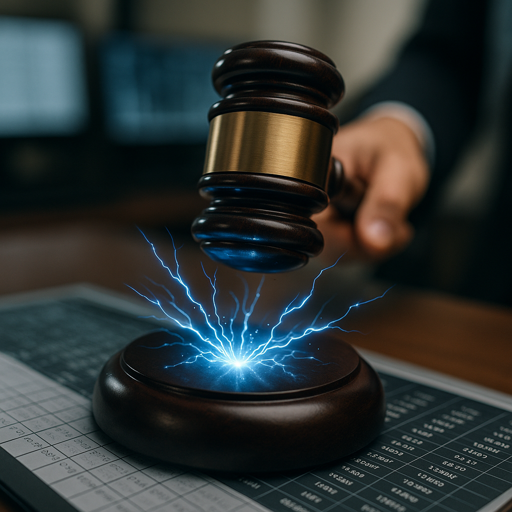 courtroom gavel striking sparks of electric blue energy over a digital ledger