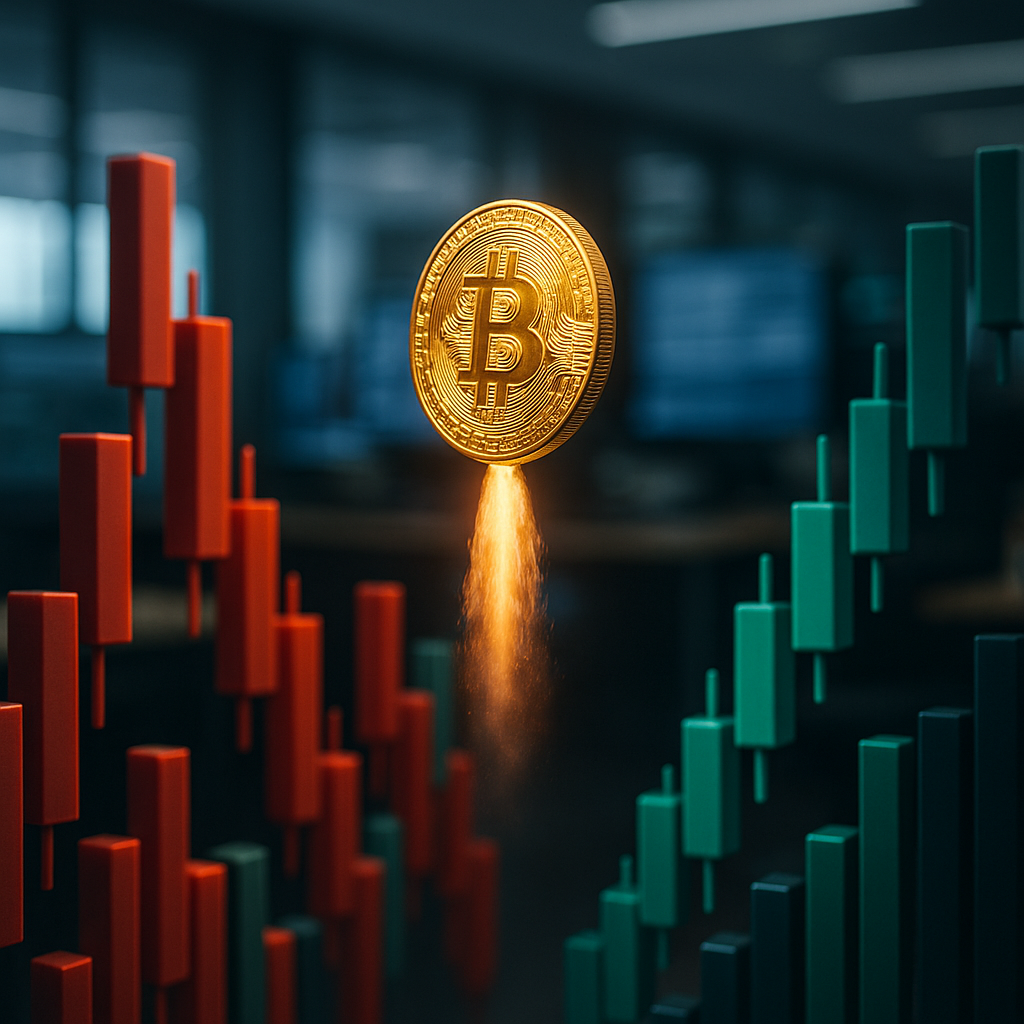 A glowing golden bitcoin rocketing through a neon-lit canyon of price candles