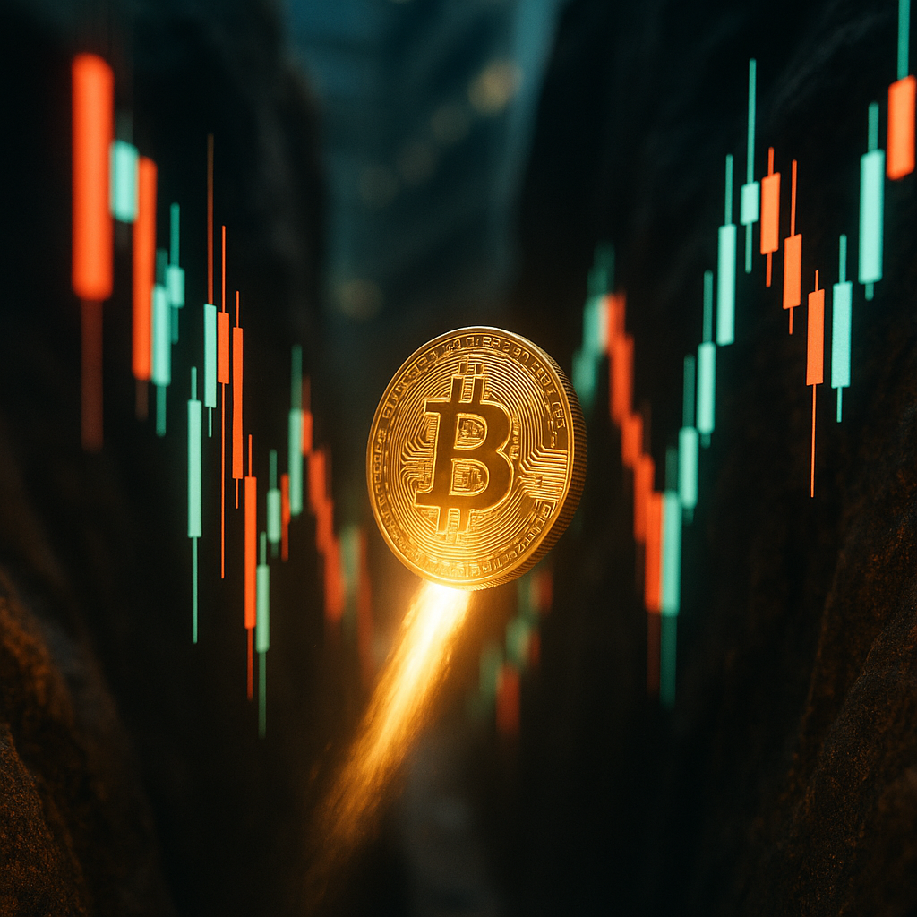 a glowing golden bitcoin rocketing through a neon-lit canyon of price candles