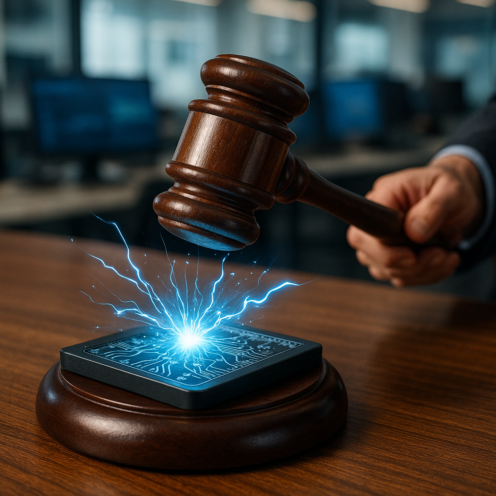 a courtroom gavel striking sparks of electric blue energy over a digital ledger