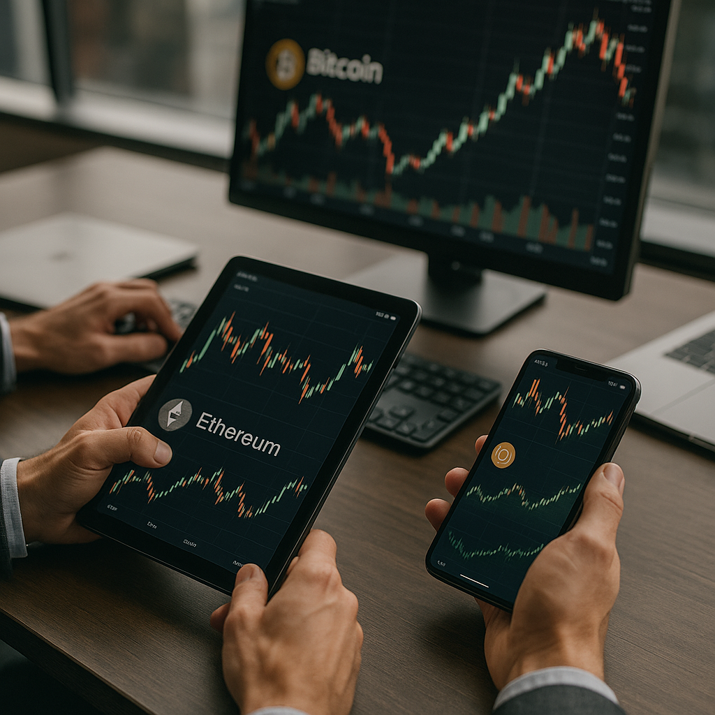 hands on devices showing various cryptocurrency values and trends