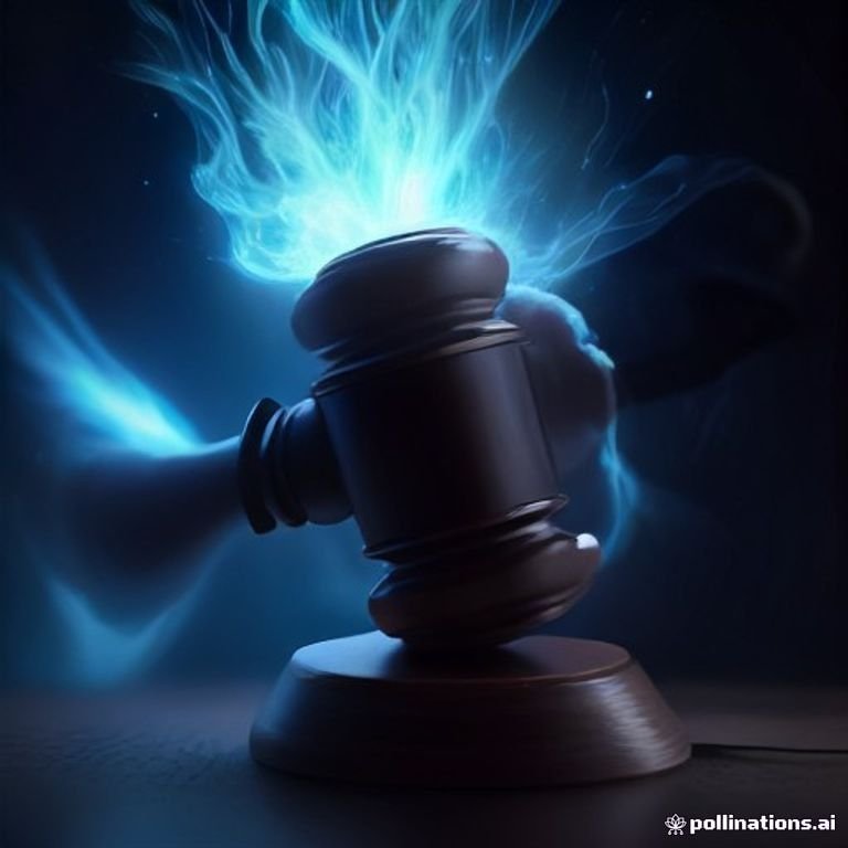 A courtroom gavel striking sparks of electric blue energy over a digital ledger