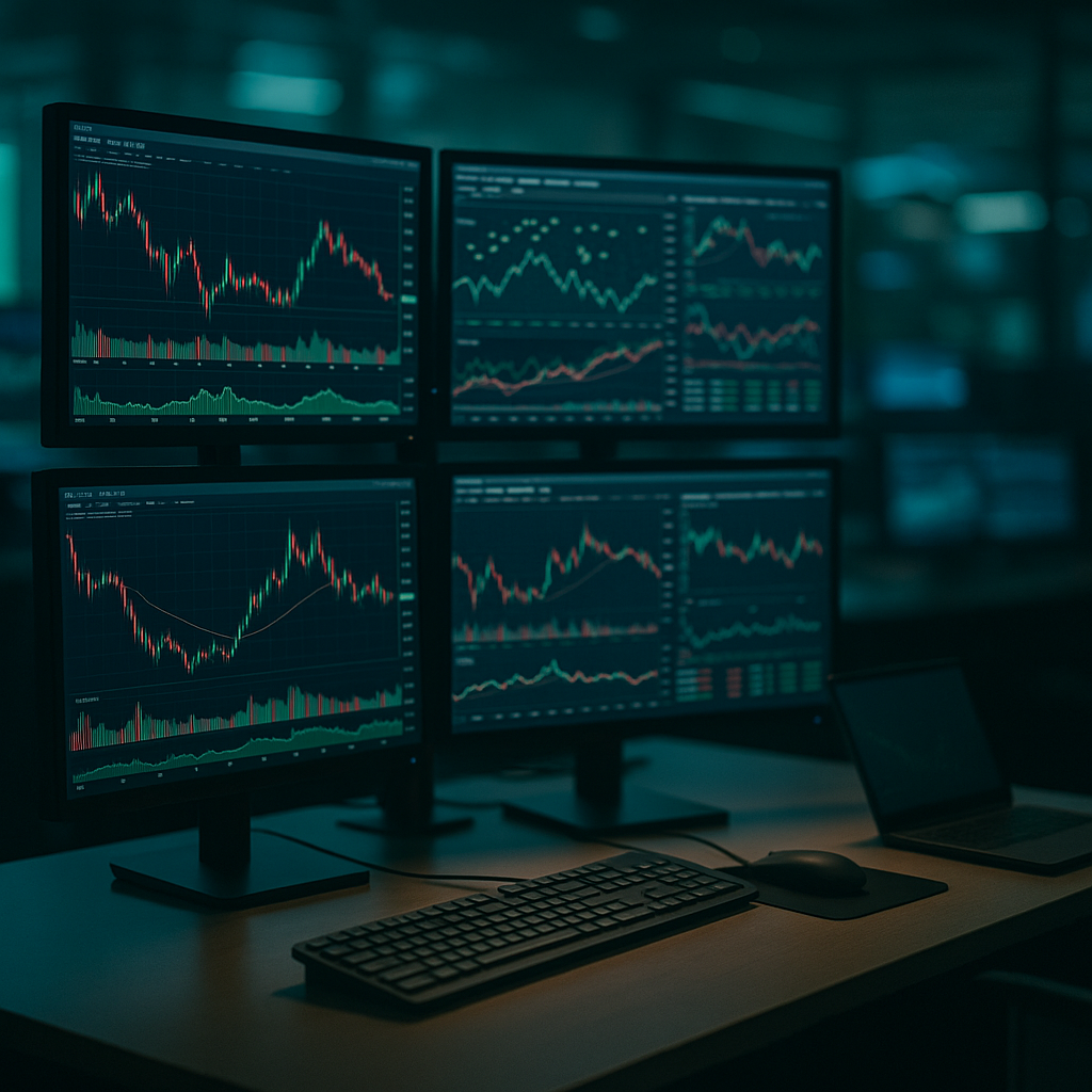 a futuristic trading desk with screens displaying complex charts and trade data, illuminated by soft blue and green lights creating a high-t