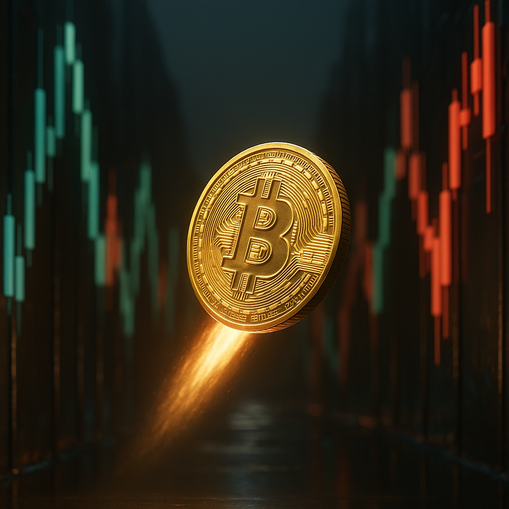 A glowing golden bitcoin rocketing through a neon-lit canyon of price candles