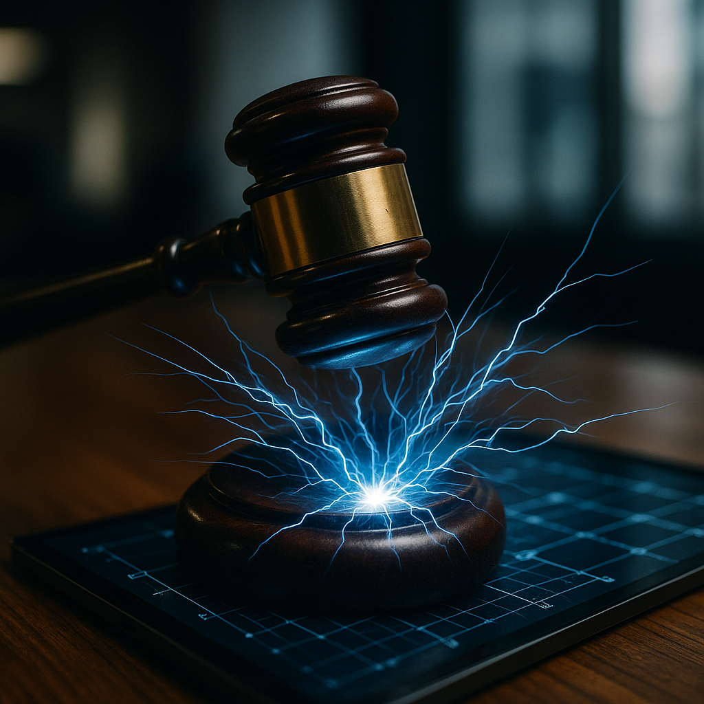 A courtroom gavel striking sparks of electric blue energy over a digital ledger