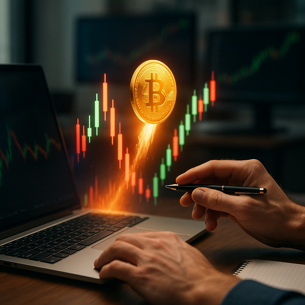 a glowing golden bitcoin rocketing through a neon-lit canyon of price candles