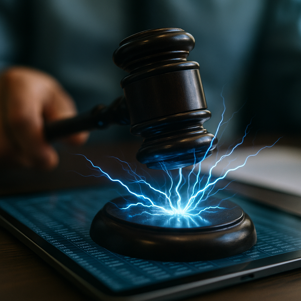 a courtroom gavel striking sparks of electric blue energy over a digital ledger