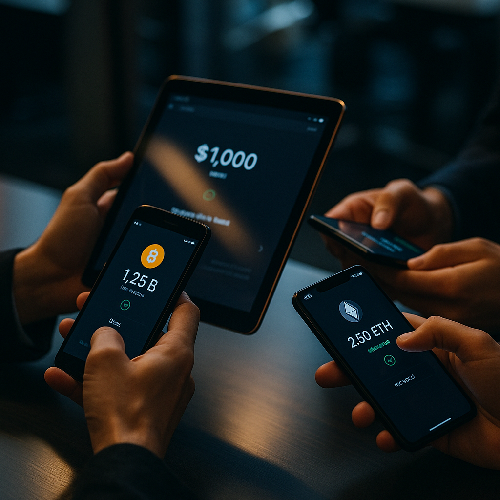 hands on devices showing cryptocurrency transactions under dynamic light reflections
