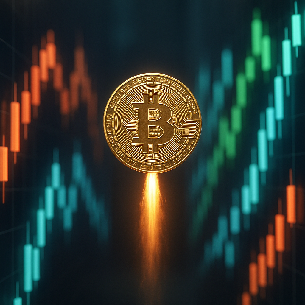 A glowing golden bitcoin rocketing through a neon-lit canyon of price candles