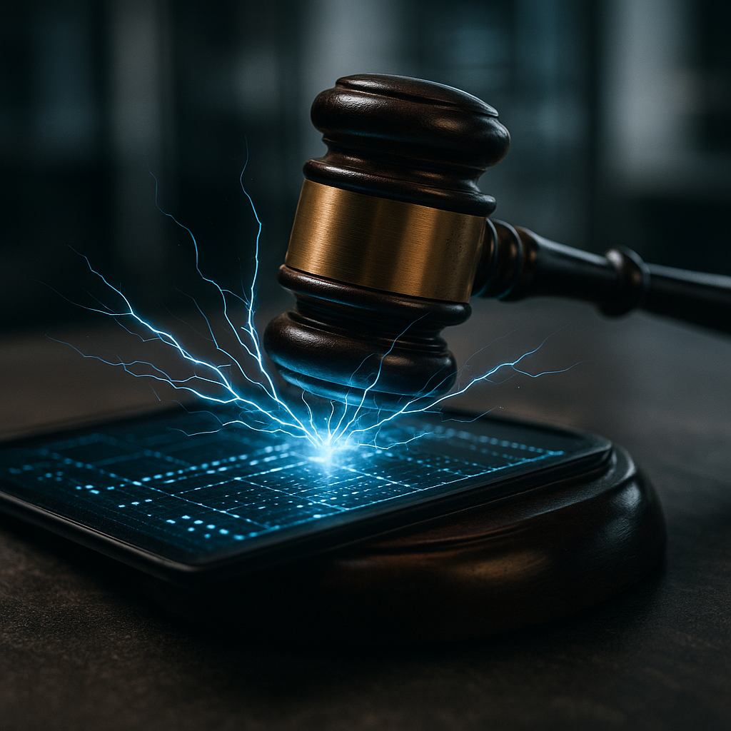 A courtroom gavel striking sparks of electric blue energy over a digital ledger