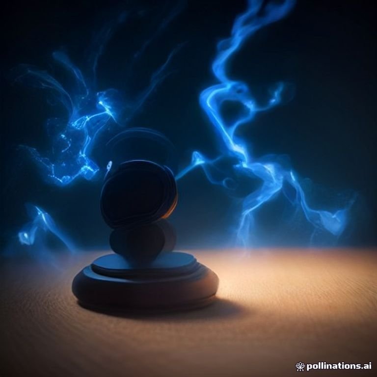A courtroom gavel striking sparks of electric blue energy over a digital ledger