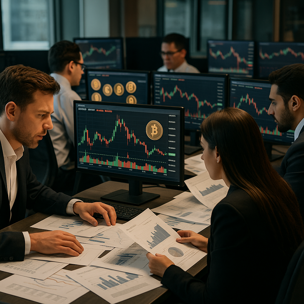 a bustling financial trading desk with analysts examining screens filled with volatile crypto market data, surrounded by papers and charts d