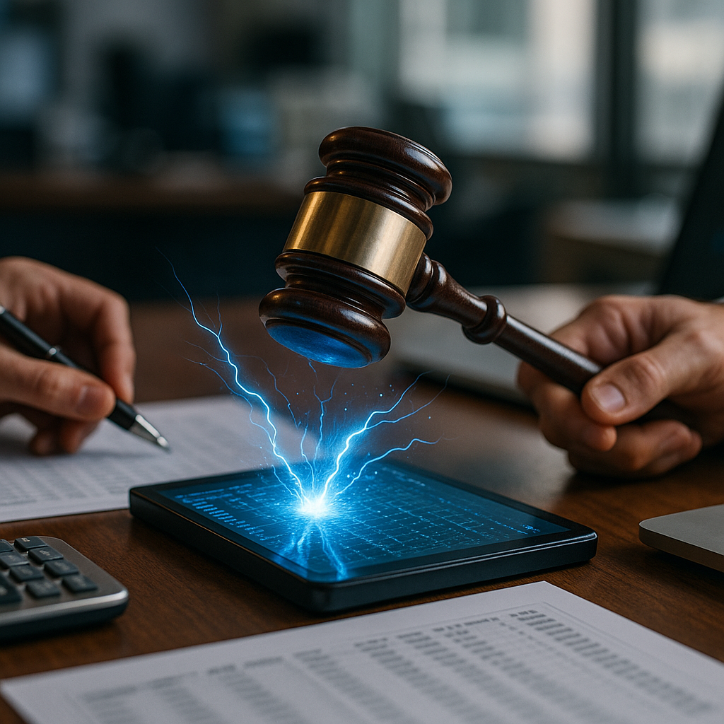 courtroom gavel striking sparks of electric blue energy over a digital ledger
