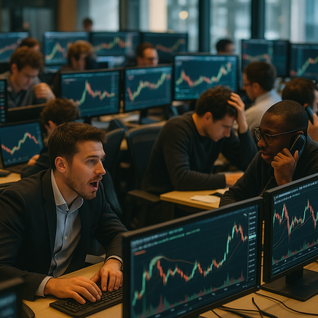 a bustling trading desk with screens displaying cryptocurrency charts and the glow of market activity, emphasizing excitement in the air.