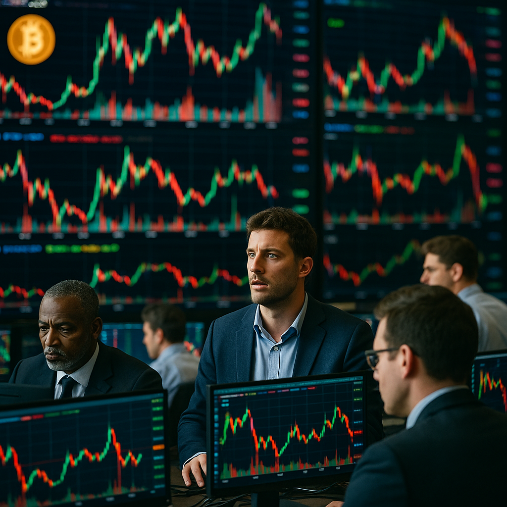detailed depiction showcasing digital trade floors filled with vibrant colors representing cryptocurrency values fluctuating wildly