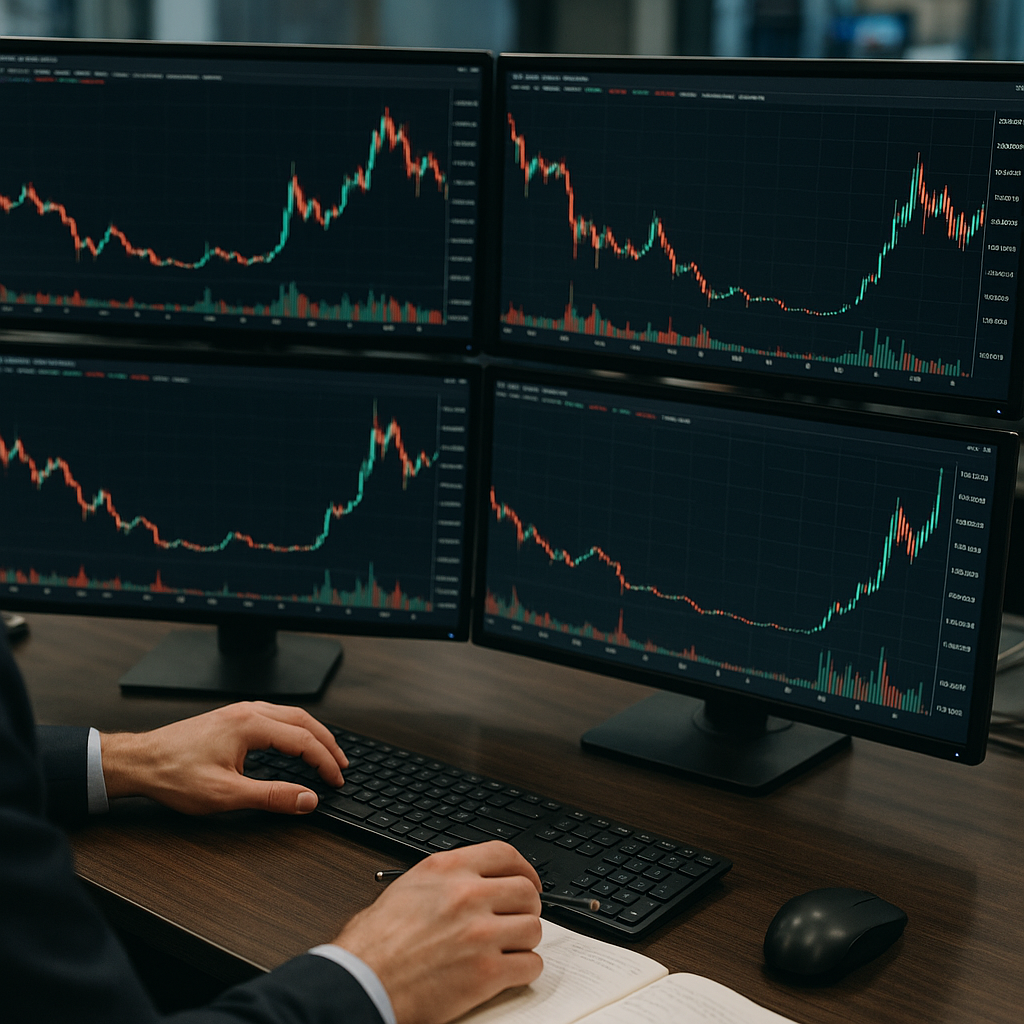 A busy trading desk with monitors displaying fluctuating cryptocurrency prices...