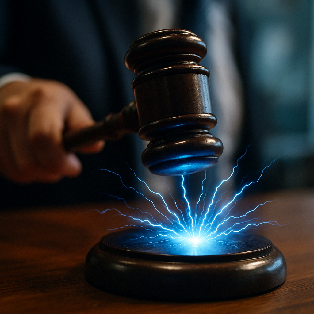 A courtroom gavel striking sparks of electric blue energy...