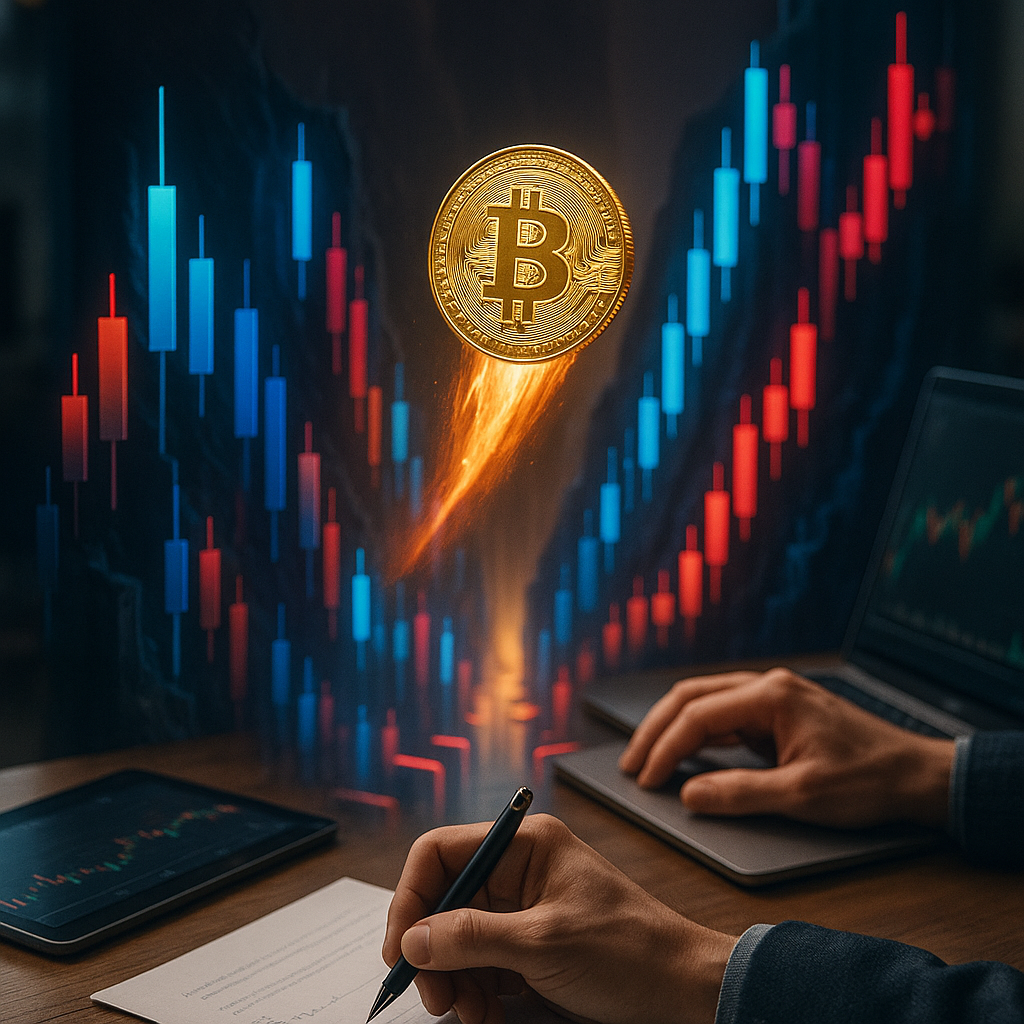 A glowing golden bitcoin rocketing through a neon-lit canyon of price candles...