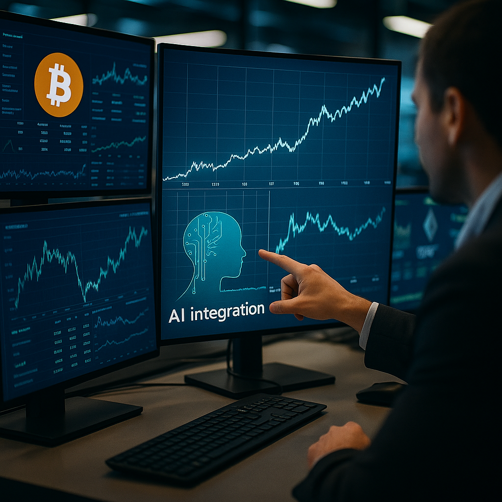 A futuristic trading desk with glowing screens displaying crypto metrics, highlighting a figure pointing at a chart illustrating AI integrat