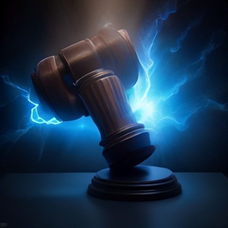 A courtroom gavel striking sparks of electric blue energy over a digital ledger