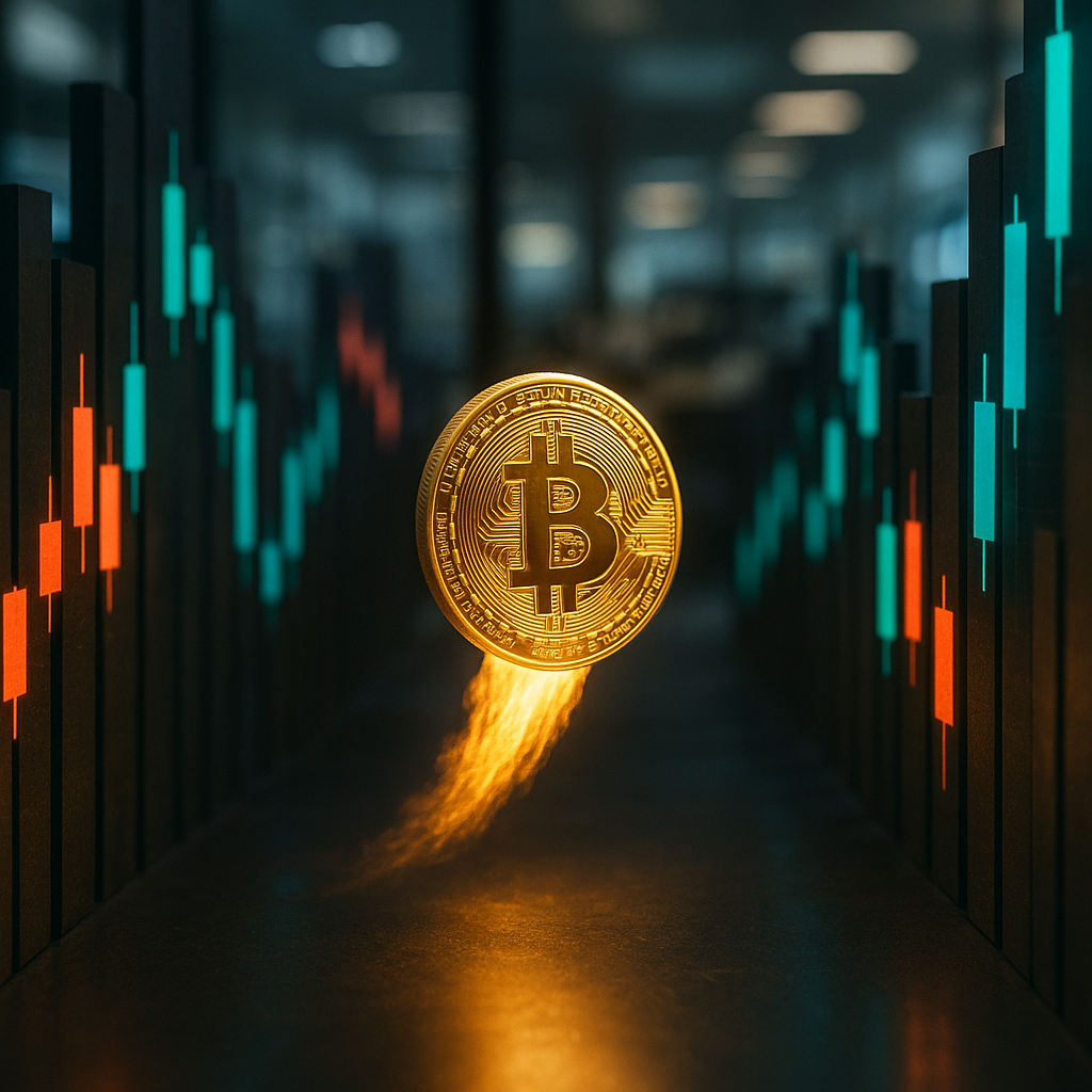 A glowing golden bitcoin rocketing through a neon-lit canyon of price candles