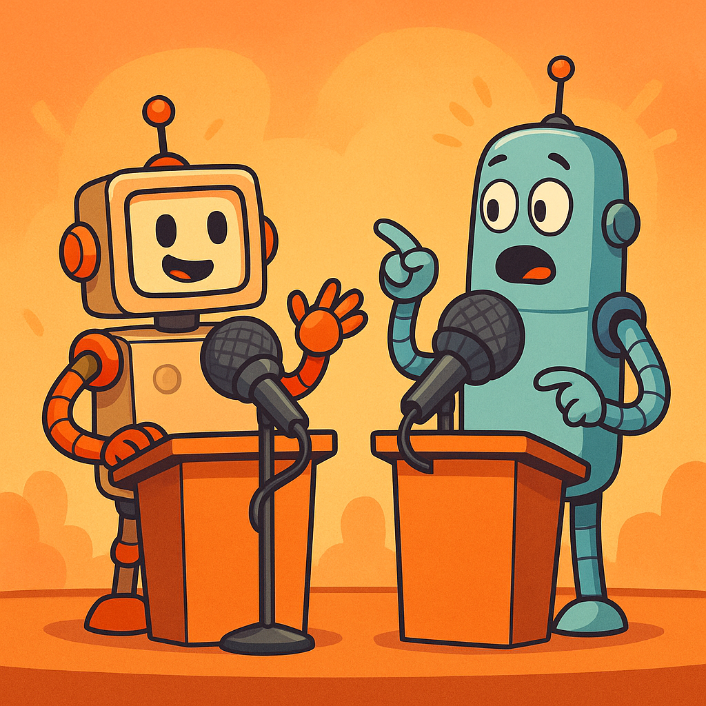 Quirky robots holding a debate stage with oversized microphones