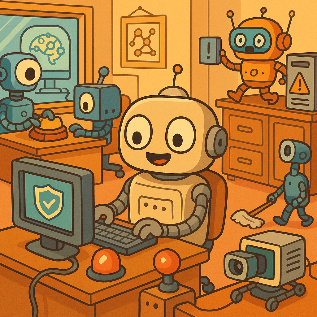 A funny cartoon depicting an office space filled with whimsical gadgets working on AI safety protocols