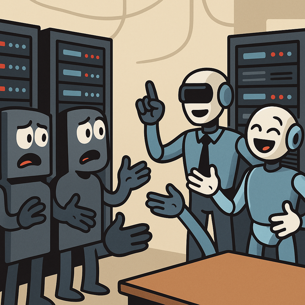 A comical illustration of servers actively discussing how they feel about being overseen by charismatic leaders