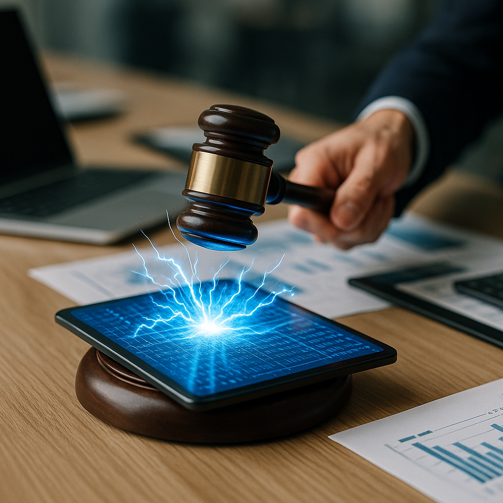 a courtroom gavel striking sparks of electric blue energy over a digital ledger
