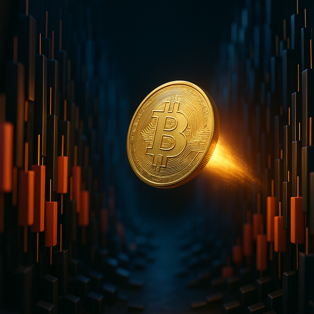a glowing golden bitcoin rocketing through a neon-lit canyon of price candles