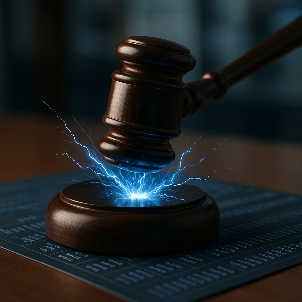 a courtroom gavel striking sparks of electric blue energy over a digital ledger