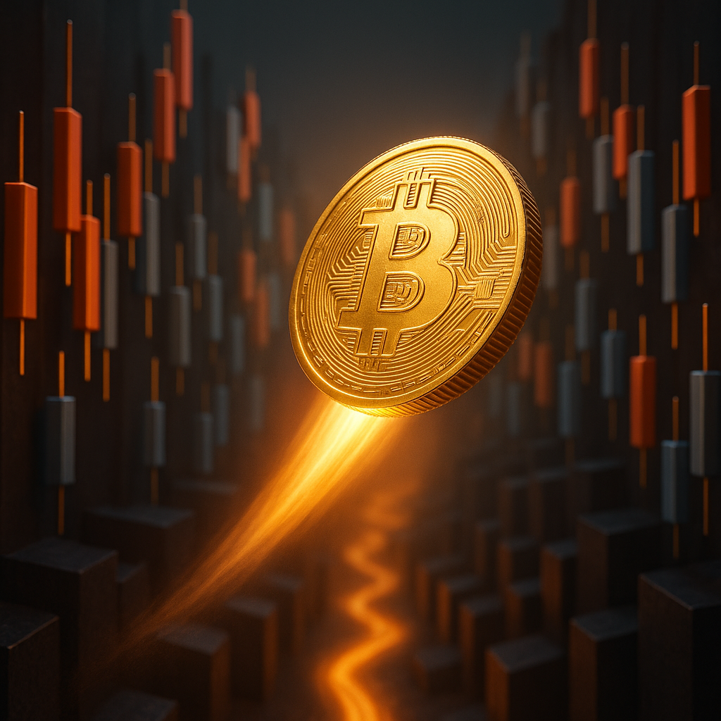 a glowing golden bitcoin rocketing through a neon-lit canyon of price candles