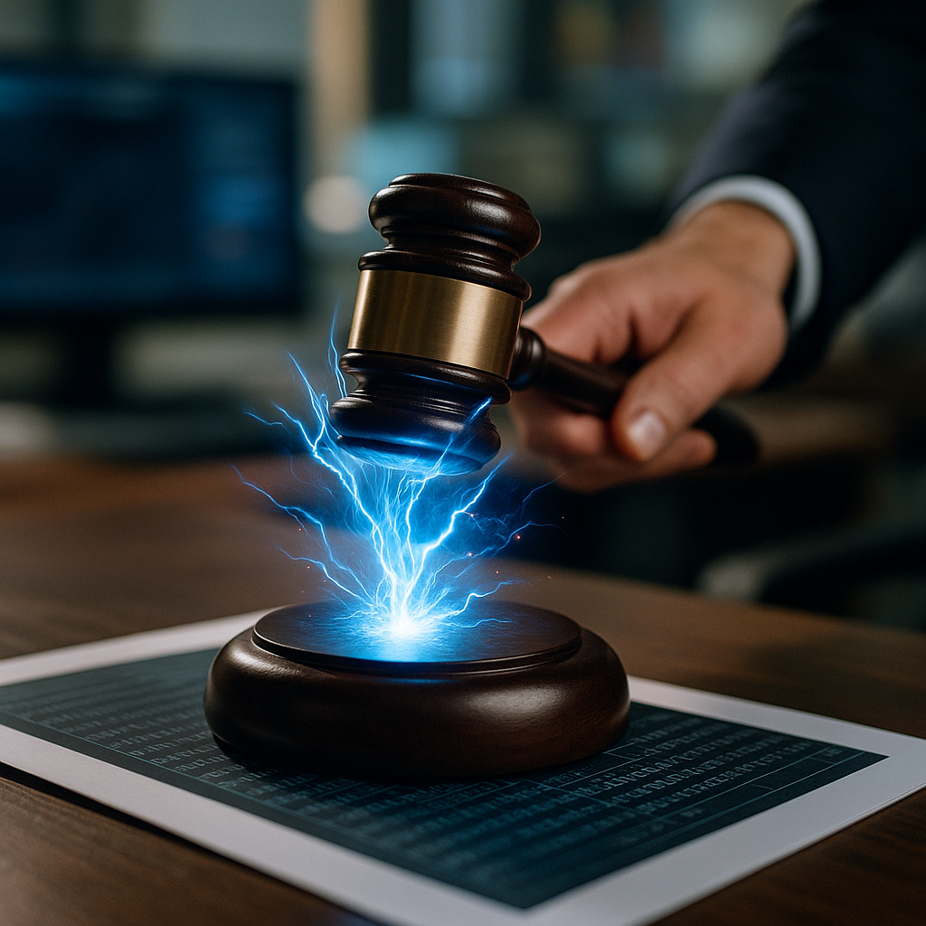 a courtroom gavel striking sparks of electric blue energy over a digital ledger