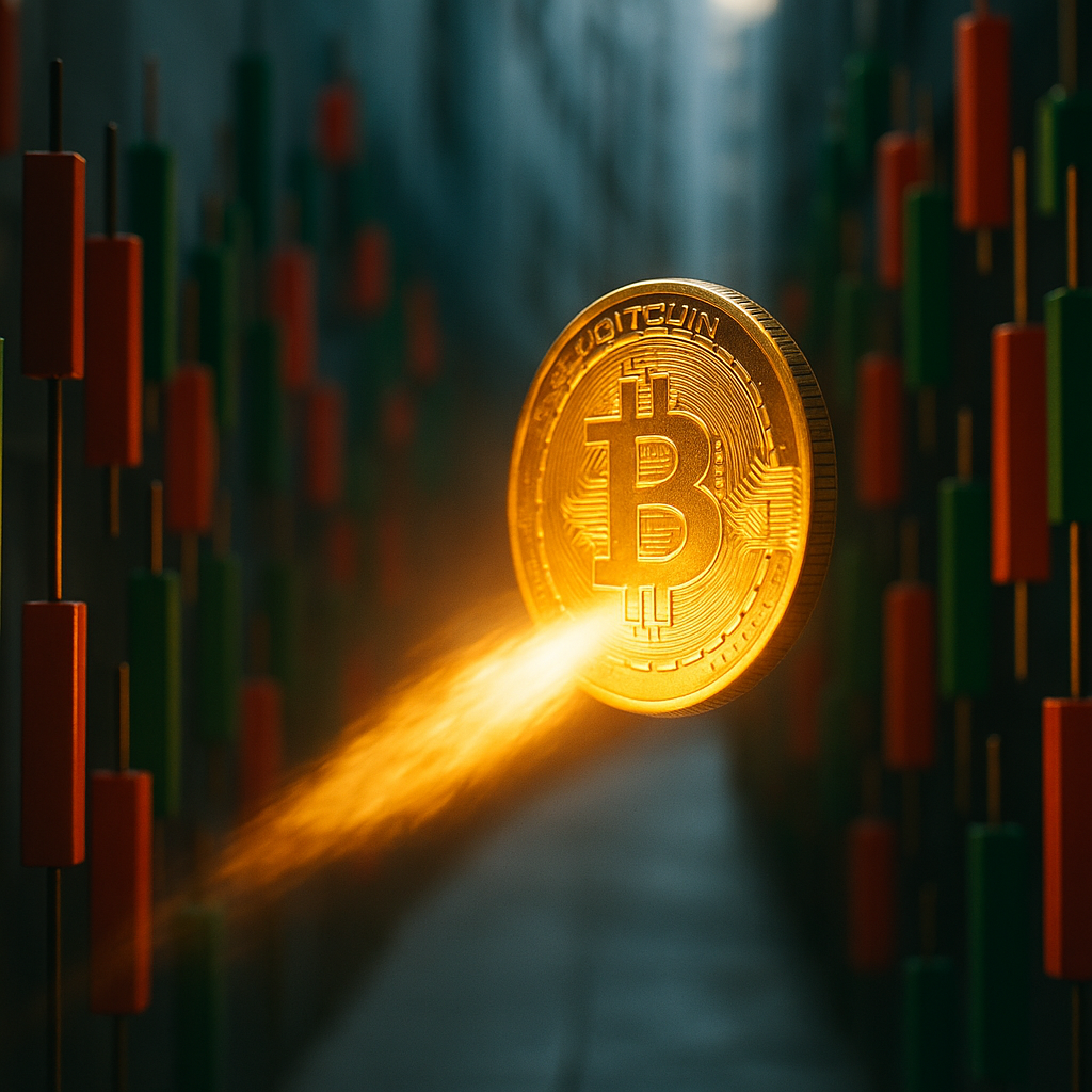 a glowing golden bitcoin rocketing through a neon-lit canyon of price candles