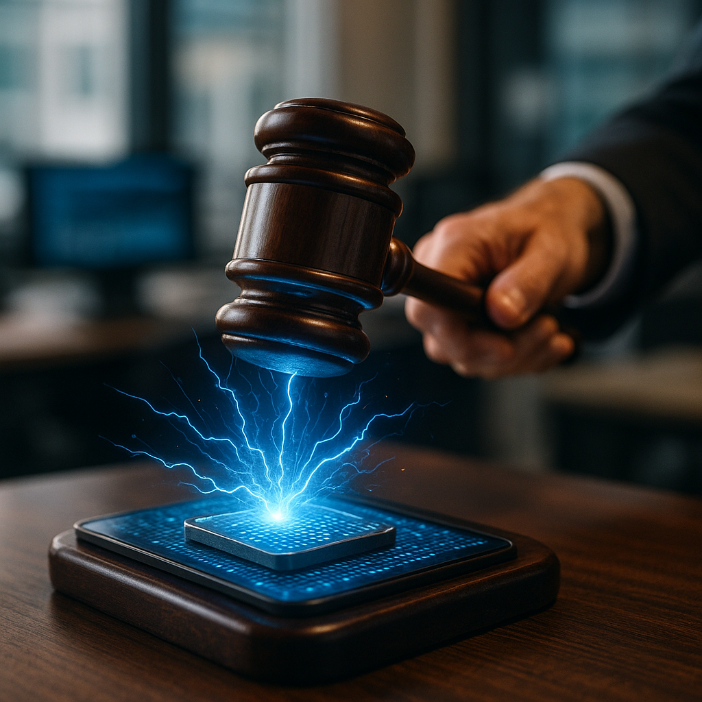 a courtroom gavel striking sparks of electric blue energy over a digital ledger