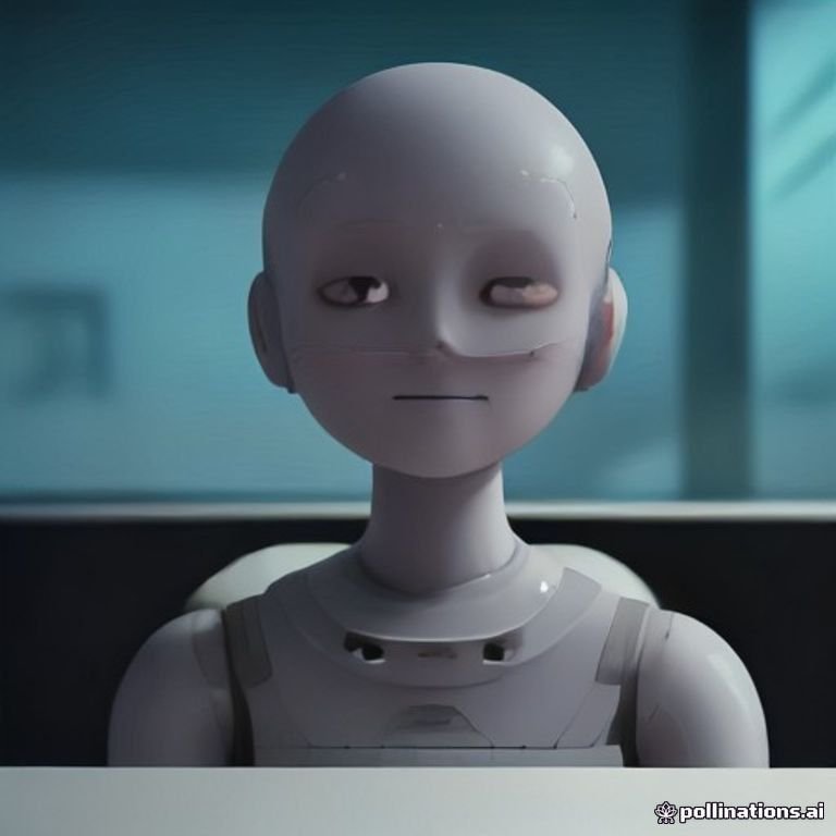 A quirky robot trying unsuccessfully to blend into an office setting full of humans