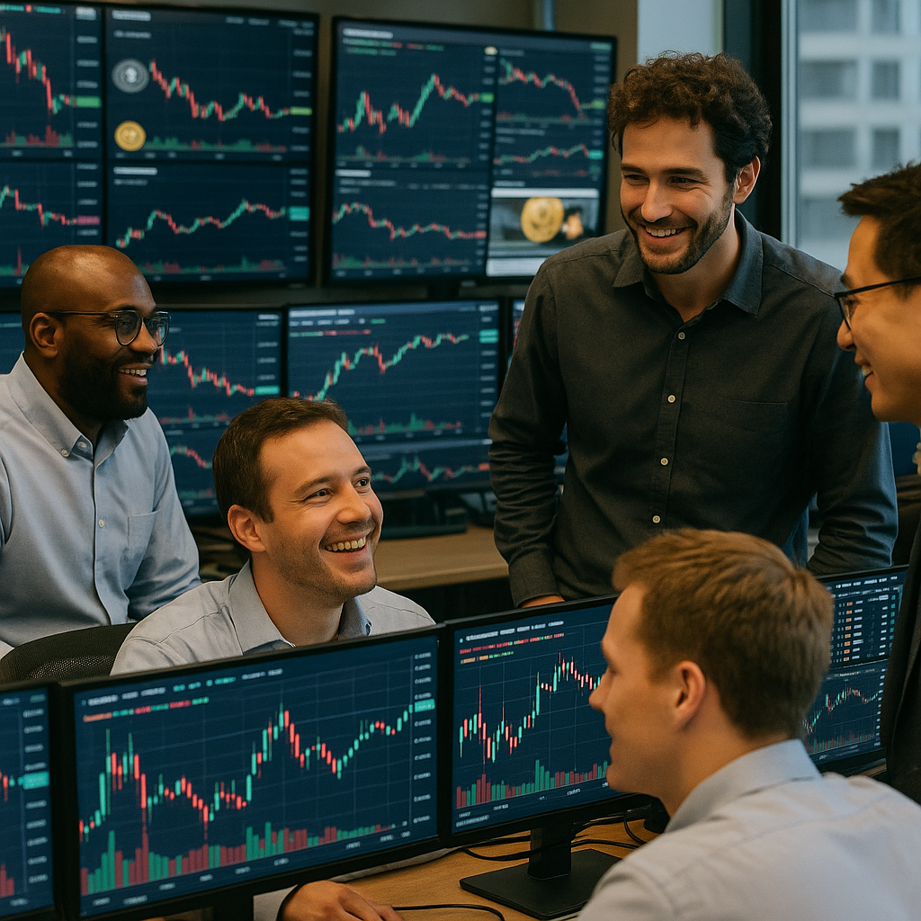 A bustling trading desk filled with multiple screens showing cryptocurrency prices, charts, and market news. Cheerful traders are engaged in